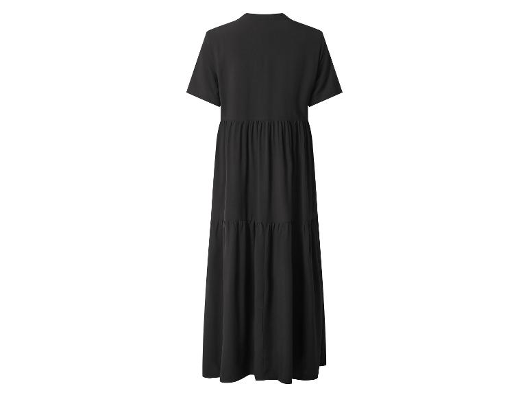 Zwarte maxi-jurk met korte mouwen en gelaagde rok, achteraanzicht.