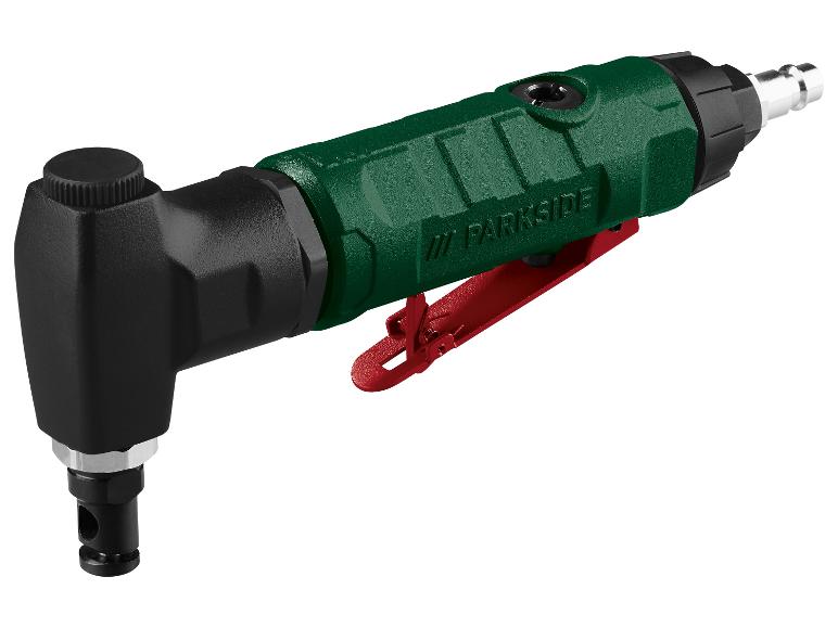 Groene en zwarte PARKSIDE perslucht haakse slijper met rode trekker op een witte achtergrond.