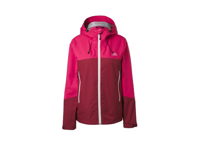 Tweekleurig roze en bordeauxrood dames outdoorjack met capuchon en witte rits.