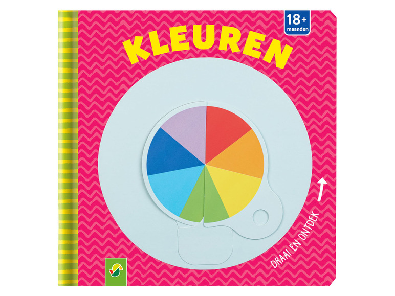 Een boek met draaischijf voor kinderen, met kleuren en een regenboog.