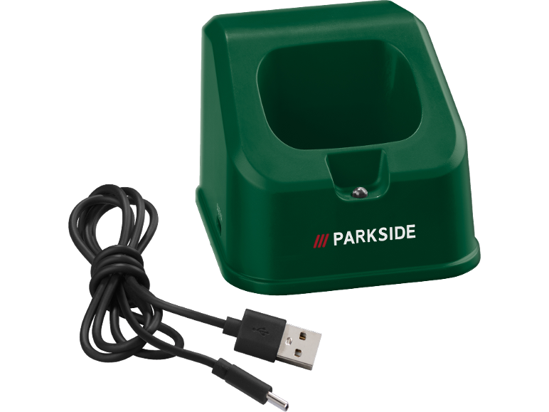Groen oplaadstation met een zwarte USB-kabel