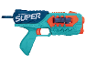 Blauw en turquoise waterpistool met de tekst 'SUPER'.