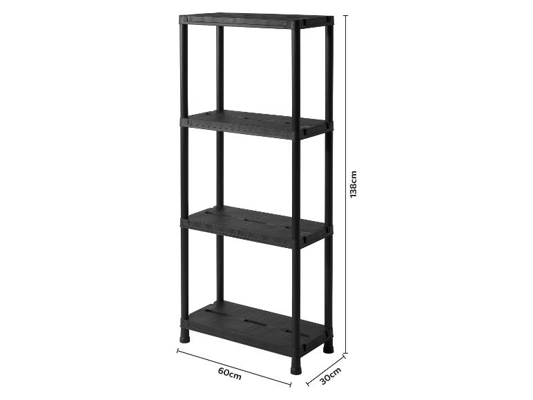 Zwart 4-laags kunststof rek met afmetingen 138cm (H) x 60cm (B) x 30cm (D).