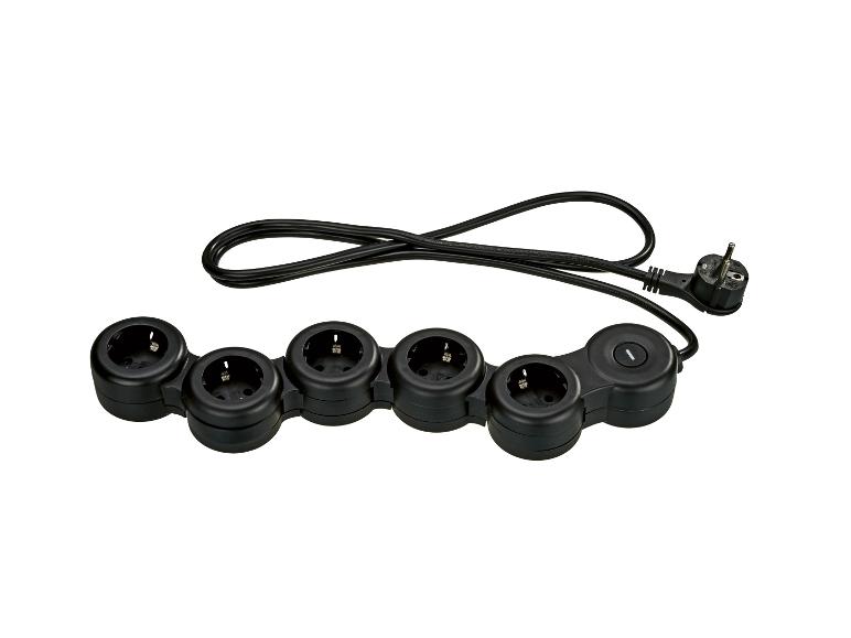 Zwarte stekkerdoos met 6 stopcontacten, schakelaar en kabel.