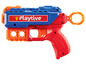 Een rood, blauw en oranje Playtive speelgoedpistool.