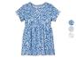 Een blauw, bloemenjurkje met korte mouwen.