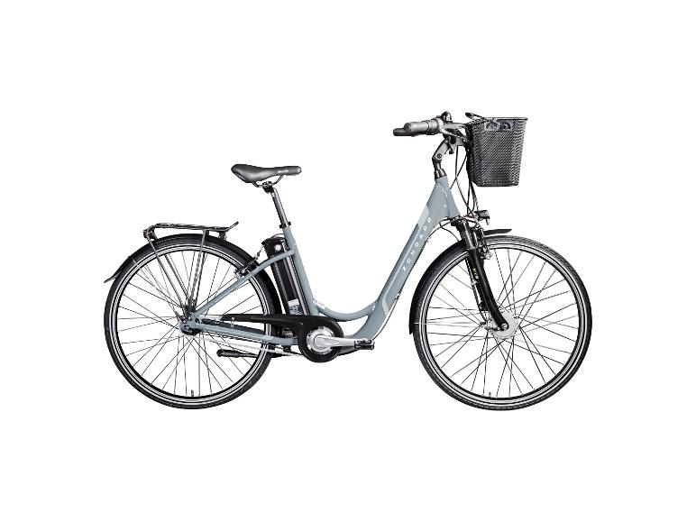 Grijze Zündapp e-bike met voorwielmand en bagagedrager.