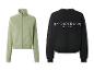 Twee sweatshirts: een lichtgroen vest met rits en een zwarte trui met witte tekst.