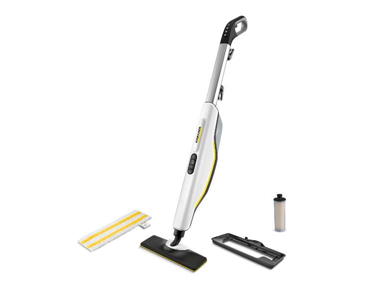 Witte stoommop met accessoires, inclusief reinigingsdoek en filter.