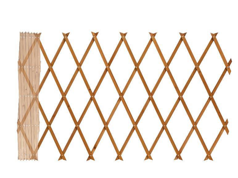 Uitschuifbaar houten rek voor klimplanten of decoratieve omheining.