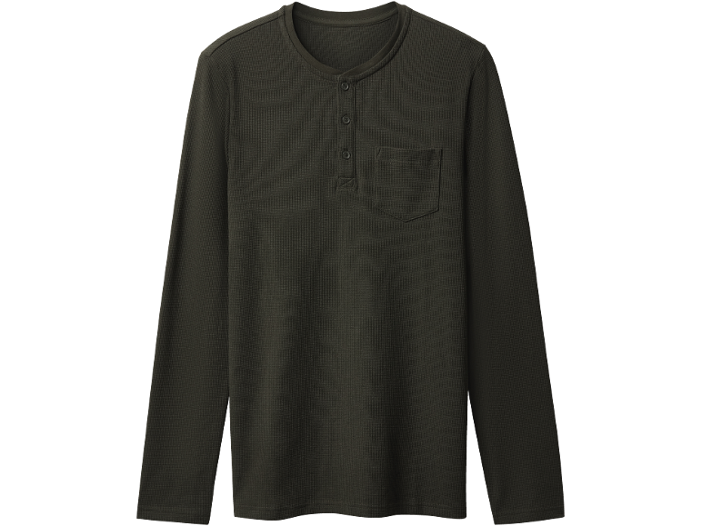 Donkergroen heren Henley shirt met lange mouwen, wafelstructuur en borstzakje.