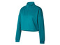 Een turquoise sweatshirt met een halve ritssluiting.