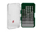 Een set boortjes van Makita in een groene opbergdoos.