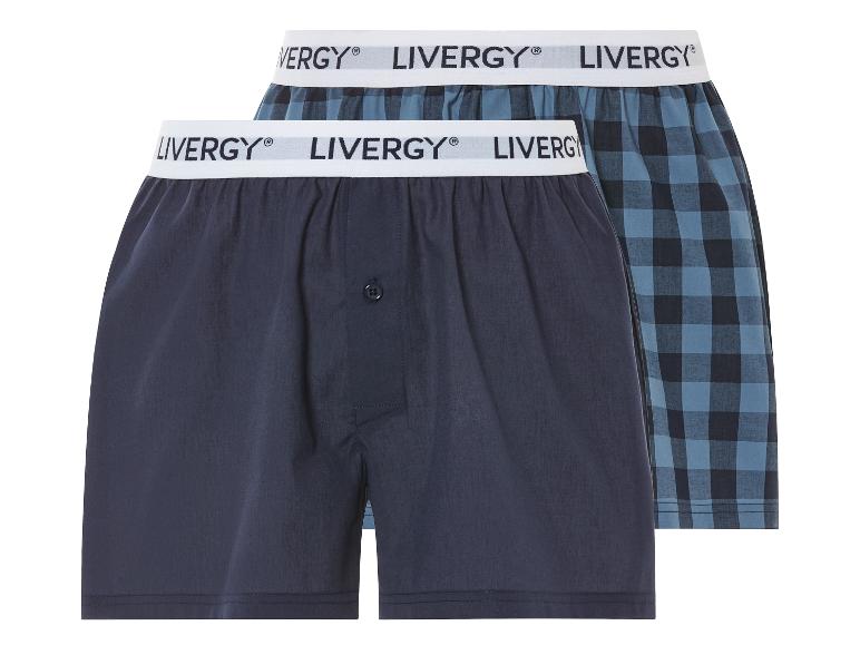 Twee paar Livery boxershorts voor heren, één effen en één met ruitjes.