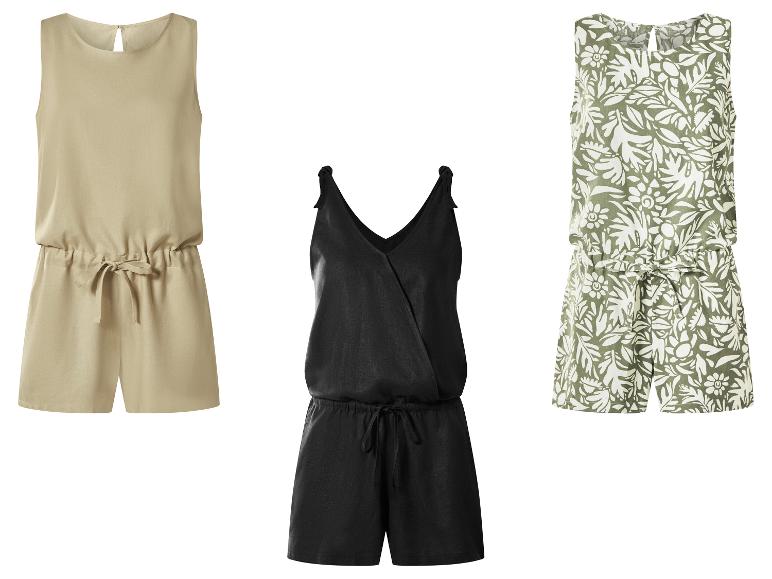 Drie playsuits: beige, zwart en groen met een wit bloemenpatroon.