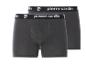 Twee donkergrijze herenboxershorts met een zwarte tailleband en witte tekst.