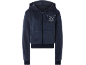Donkerblauwe fluwelen hoodie met rits en wit geborduurd cartoongezicht