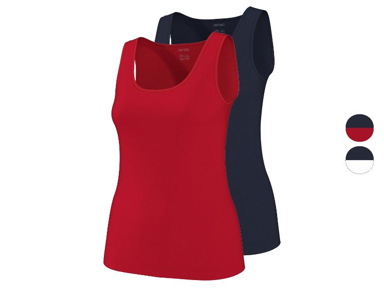 Twee dames tanktops, één rood en één donkerblauw, met kleurstalen.