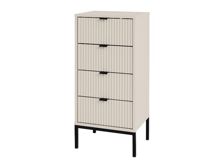 Hoge ladekast met gegolfde lades en zwarte handgrepen op zwarte poten