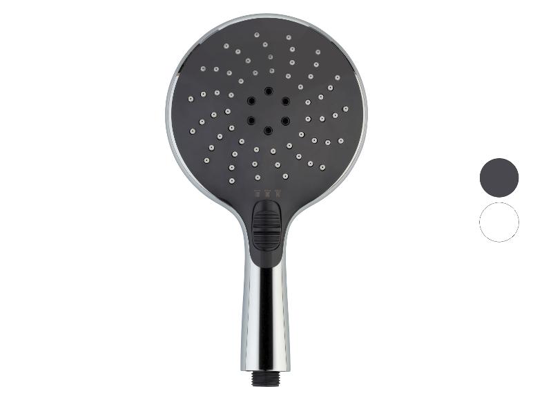 Een zwarte douchekop met een chromen handvat wordt getoond.