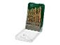 Set gouden boren in groene en transparante koffer, met maten van 1.0 tot 10.0 mm.