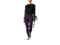 Vrouw in paarse legging en zwart sportshirt, wandelstokken vasthoudend.