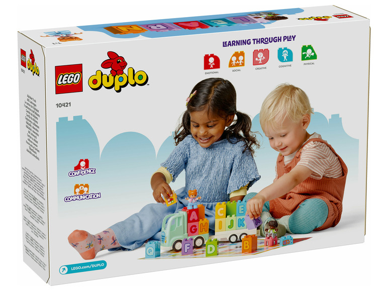 LEGO Duplo speelgoed met een vrachtwagen en letterblokken voor jonge kinderen.