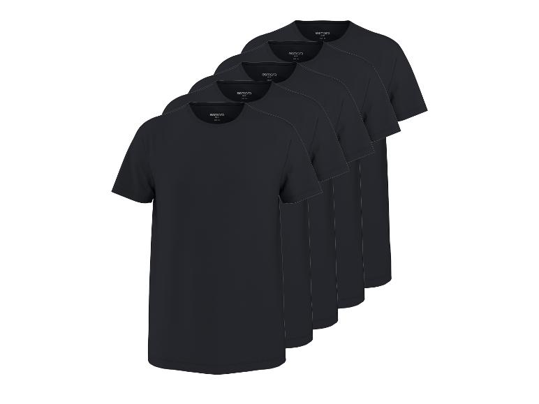 Vijf zwarte heren T-shirts met korte mouwen en ronde hals.