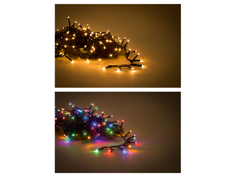 Warm witte en kleurrijke LED kerstverlichting op een donkere achtergrond.