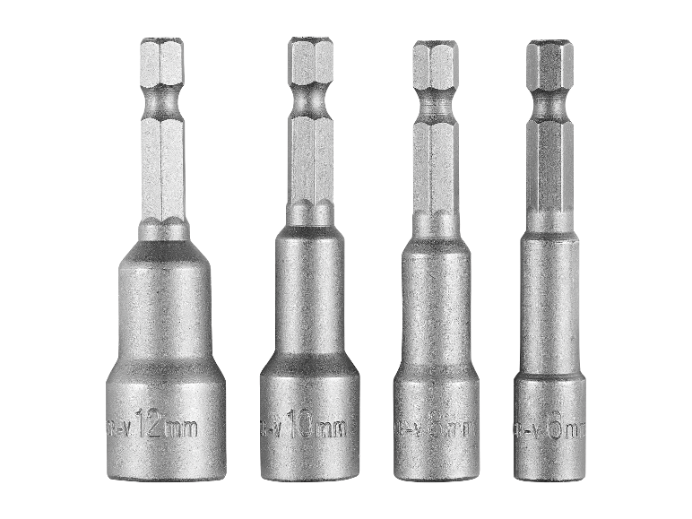 Vier metalen bitshouders in de maten 6, 8, 10 en 12 mm.