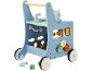 Blauwe houten loopwagen met speelkeuken, kookgerei en tandwielen.
