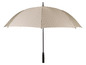 Een beige paraplu met een ruitjespatroon.