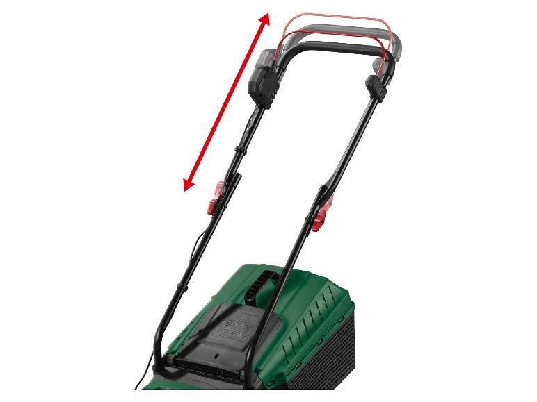 Grasmaaier met in hoogte verstelbare handgreep, aangegeven met een rode pijl.
