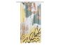 Een douchegordijn met een abstract, botanisch ontwerp in geel, groen en beige tinten.