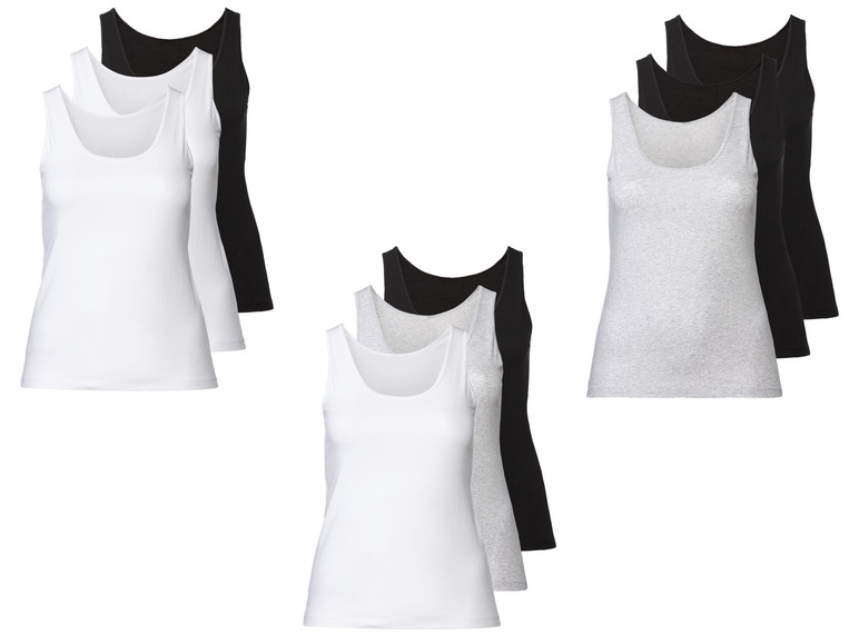 Drie witte, drie zwarte en drie grijze tanktops.
