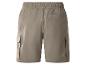 Khaki cargoshorts met elastische tailleband en zijzakken, achteraanzicht.