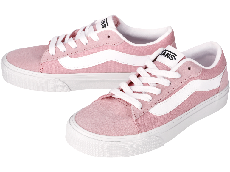 Roze canvas sneakers met witte veters en zijstrepen.