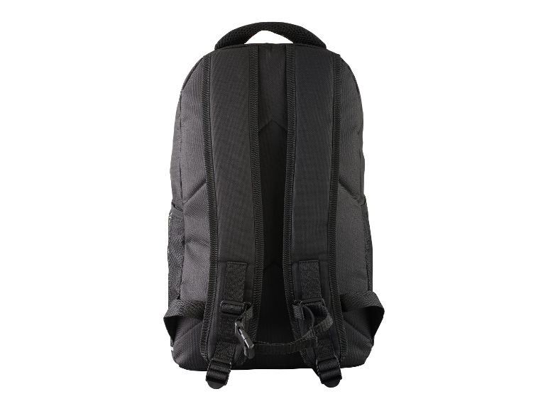 Een zwarte rugzak van achteren gezien.