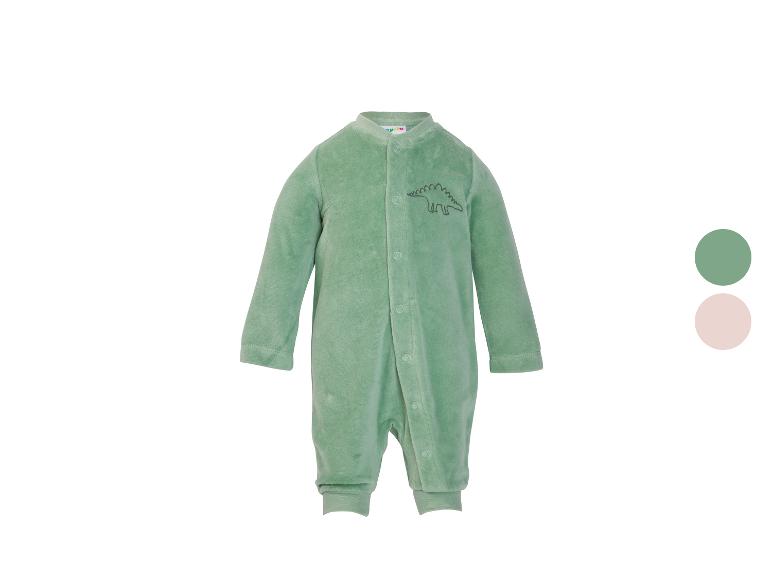Groene velours baby romper met dinosaurus borduursel.