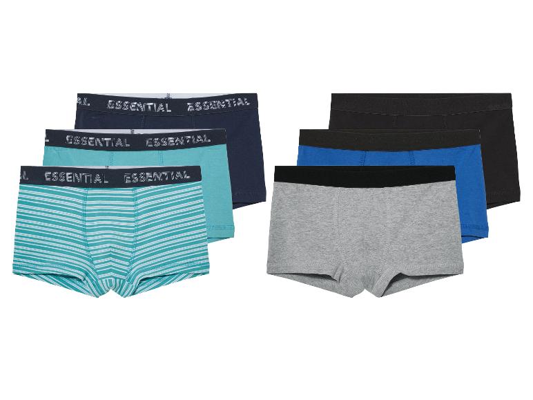 Pak Essential boxershorts: grijs, blauw, zwart en turquoise gestreept.