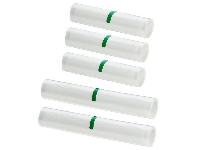 Set van vijf rollen vacuümfolie met groene strepen.