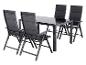 Tuinmeubelset: zwarte tafel en vier opvouwbare stoffen stoelen.