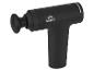 Zwart massagepistool met rond opzetstuk, met aan/uit-knop en indicatielampjes.