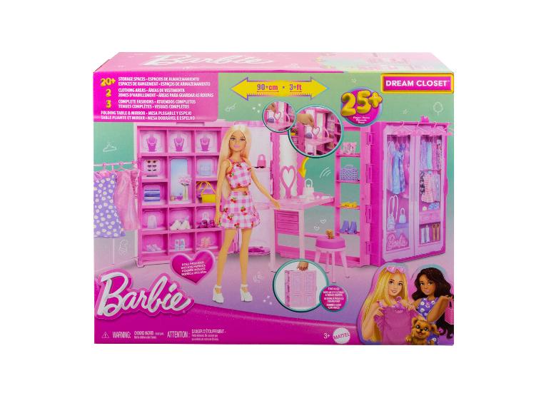 Barbie Dream Closet met pop, 20+ opbergruimtes, 2 kledinggebieden, 3 complete outfits.
