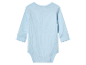 Blauwe baby romper met lange mouwen.