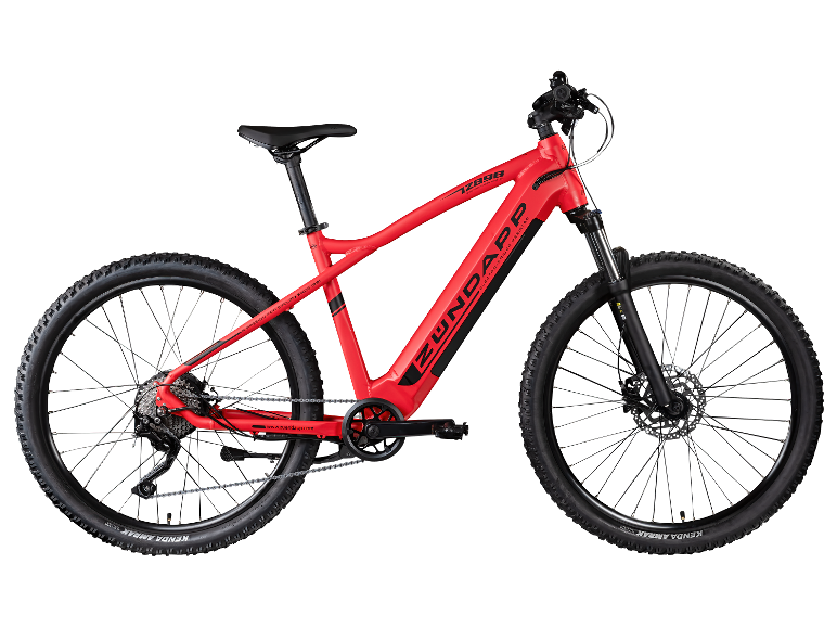 Een rode Zündapp elektrische mountainbike met Kenda banden.