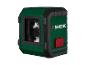 Groene laserwaterpas met een rode schuifschakelaar.