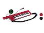 Rode synthesizer met microfoon en draagriem, met een oplaadbaar batterijsymbool.