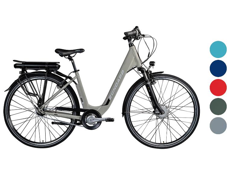 Grijze Zündapp e-bike met accu op de bagagedrager en kleurstalen.