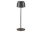 Donkergrijze, moderne vloerlamp met een conische kap en een ronde voet.